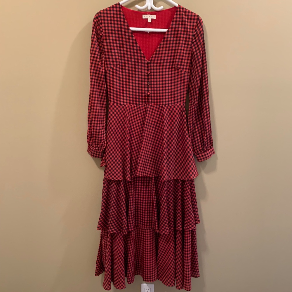 LINED RED MAXI LONG SLEEVE DRESS - V NECK - SIZE SMALL - New Without Tags